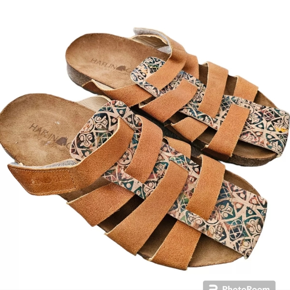 HTF Haflinger  Slip On Strappy Sandal Size 42/10 Brown With Print/ Pattern 49512